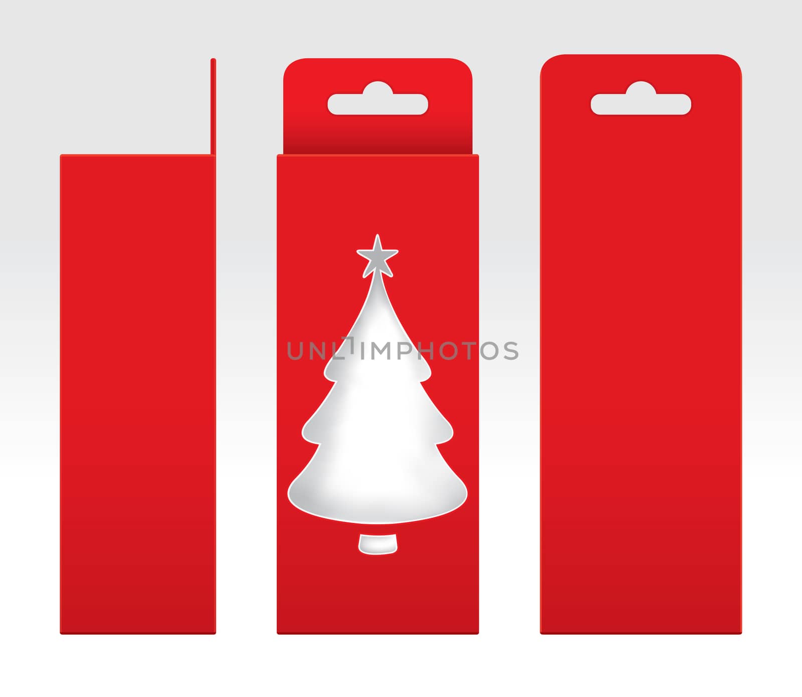 Hanging Red Box window Christmas tree shape cut out Packaging Template blank, Empty Box red Cardboard, Gift Boxes red kraft Package Carton by cgdeaw