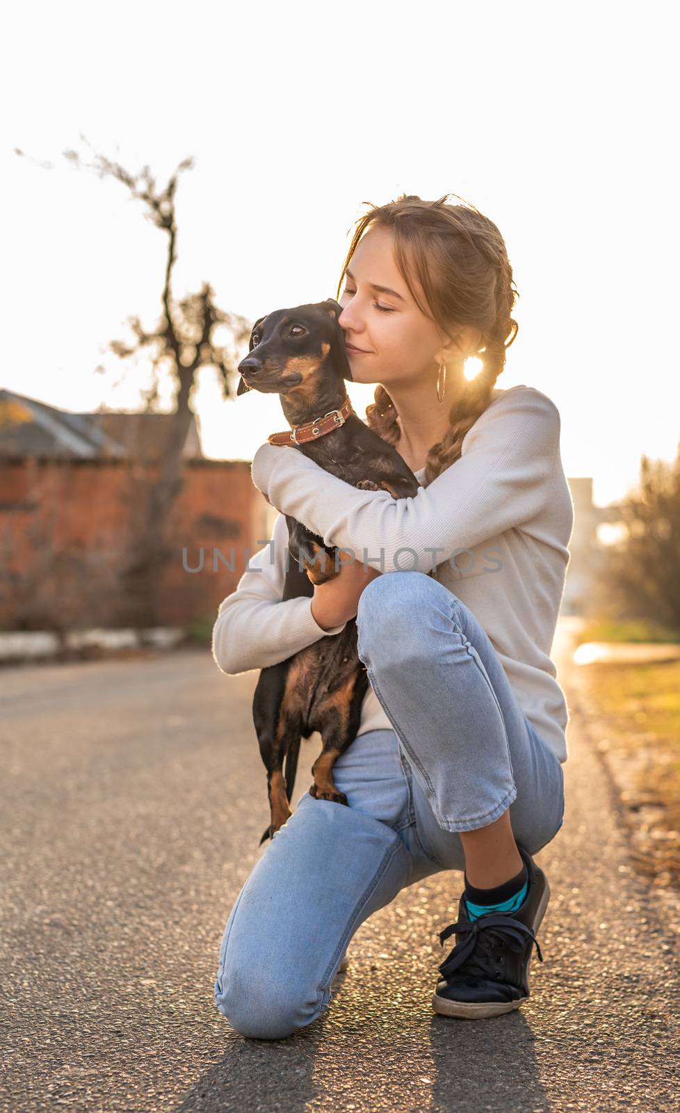 Pet care concept. Young woman with plaited hair hugging her dachshund dog outdoors in sunset