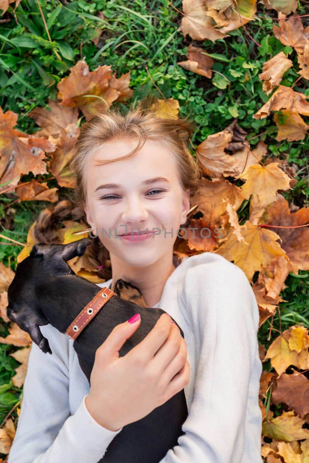 Pet care concept. Teenager girl playing with her dachshund dog on the grass