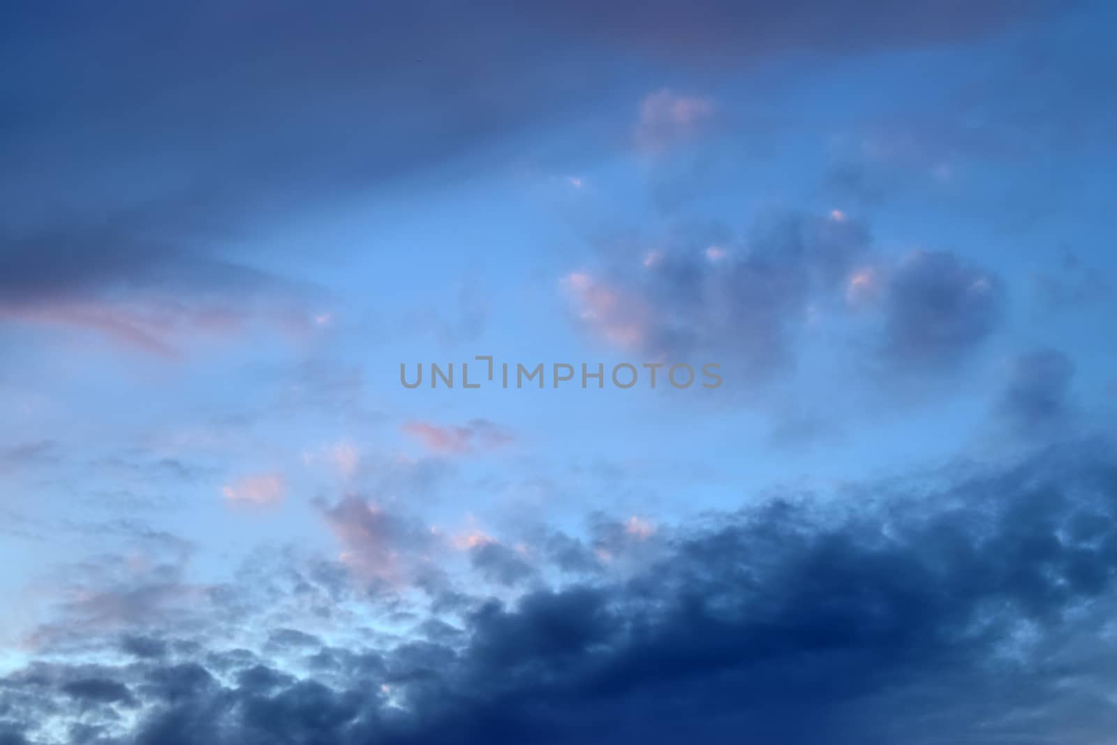 Beautiful panorama of orange and yellow clouds at sunrise and sunset in a blue sky