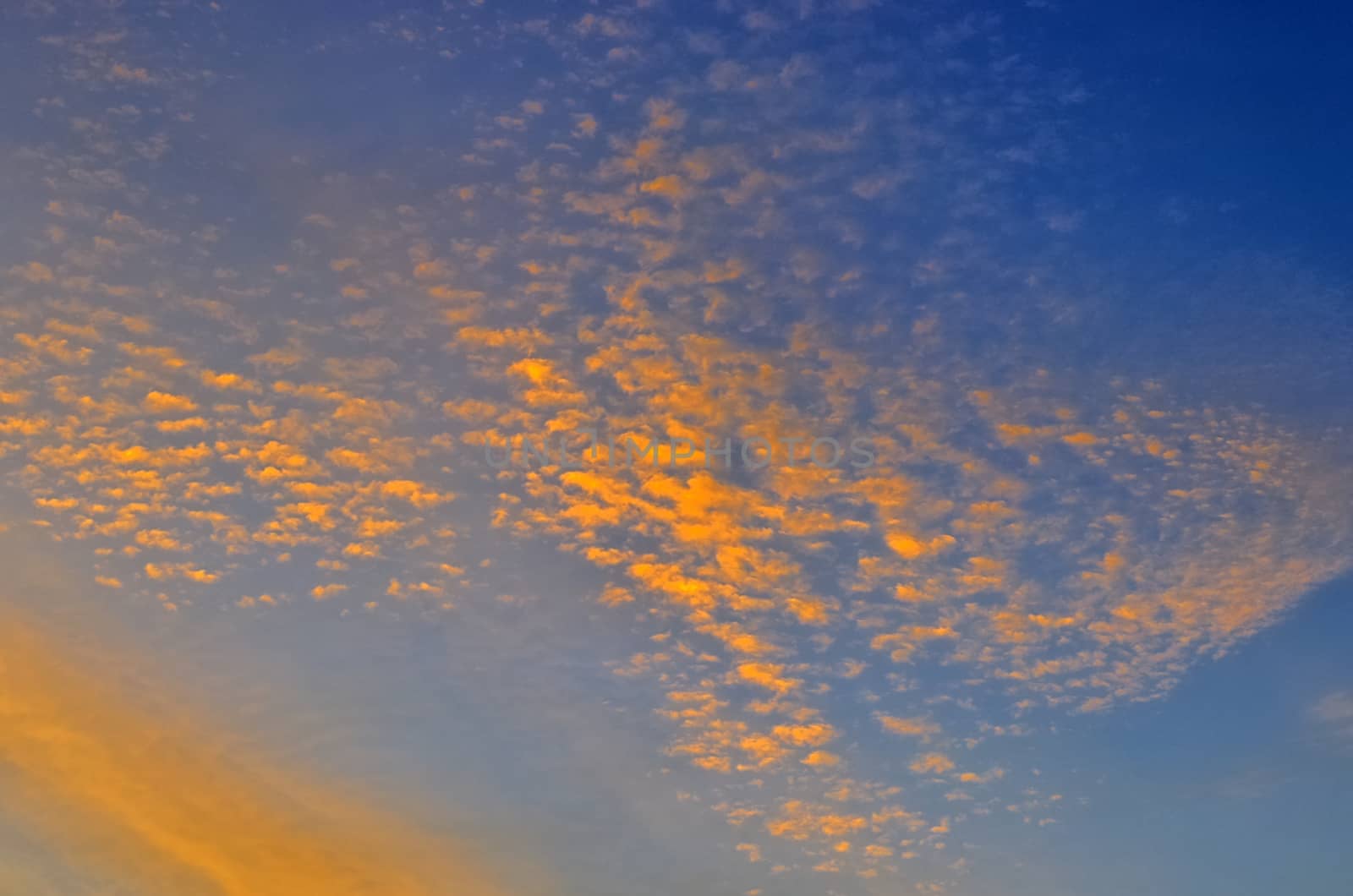 Beautiful panorama of orange and yellow clouds at sunrise and sunset in a blue sky