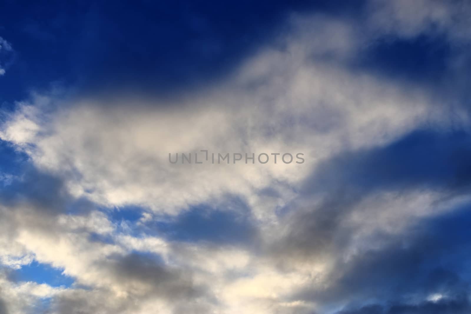 Beautiful panorama of orange and yellow clouds at sunrise and sunset in a blue sky