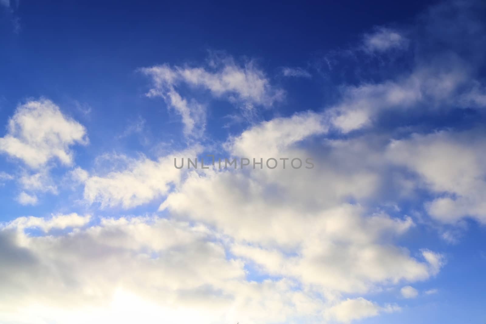 Beautiful panorama of orange and yellow clouds at sunrise and sunset in a blue sky