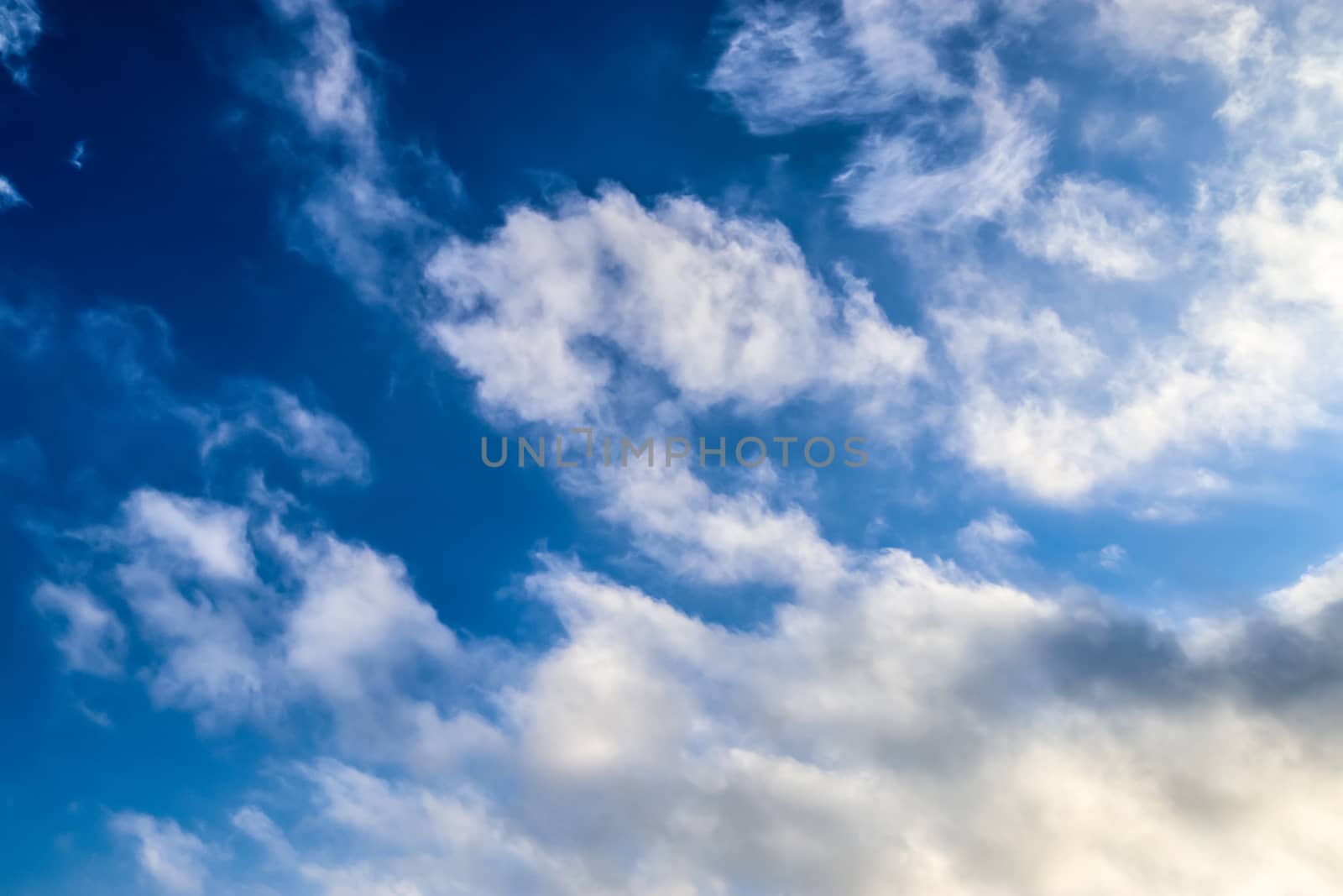 Beautiful panorama of orange and yellow clouds at sunrise and sunset in a blue sky