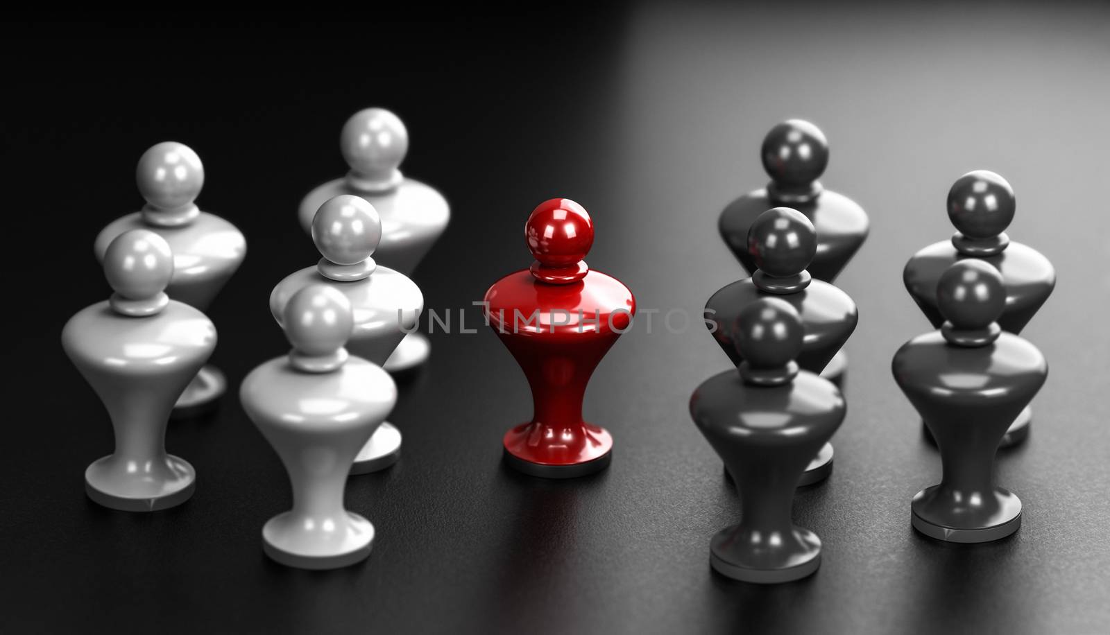Concept of pawns representing conflict between groups and one me by Olivier-Le-Moal
