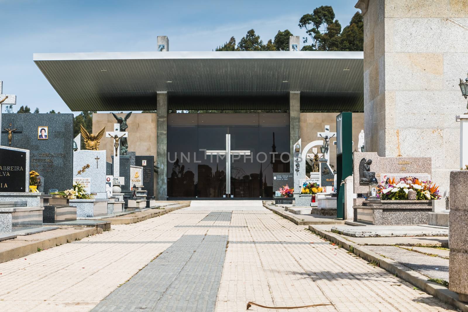 Vila Cha near Esposende, Portugal - May 9, 2018: architectural detail of the entrance to the village cemetery on a spring day