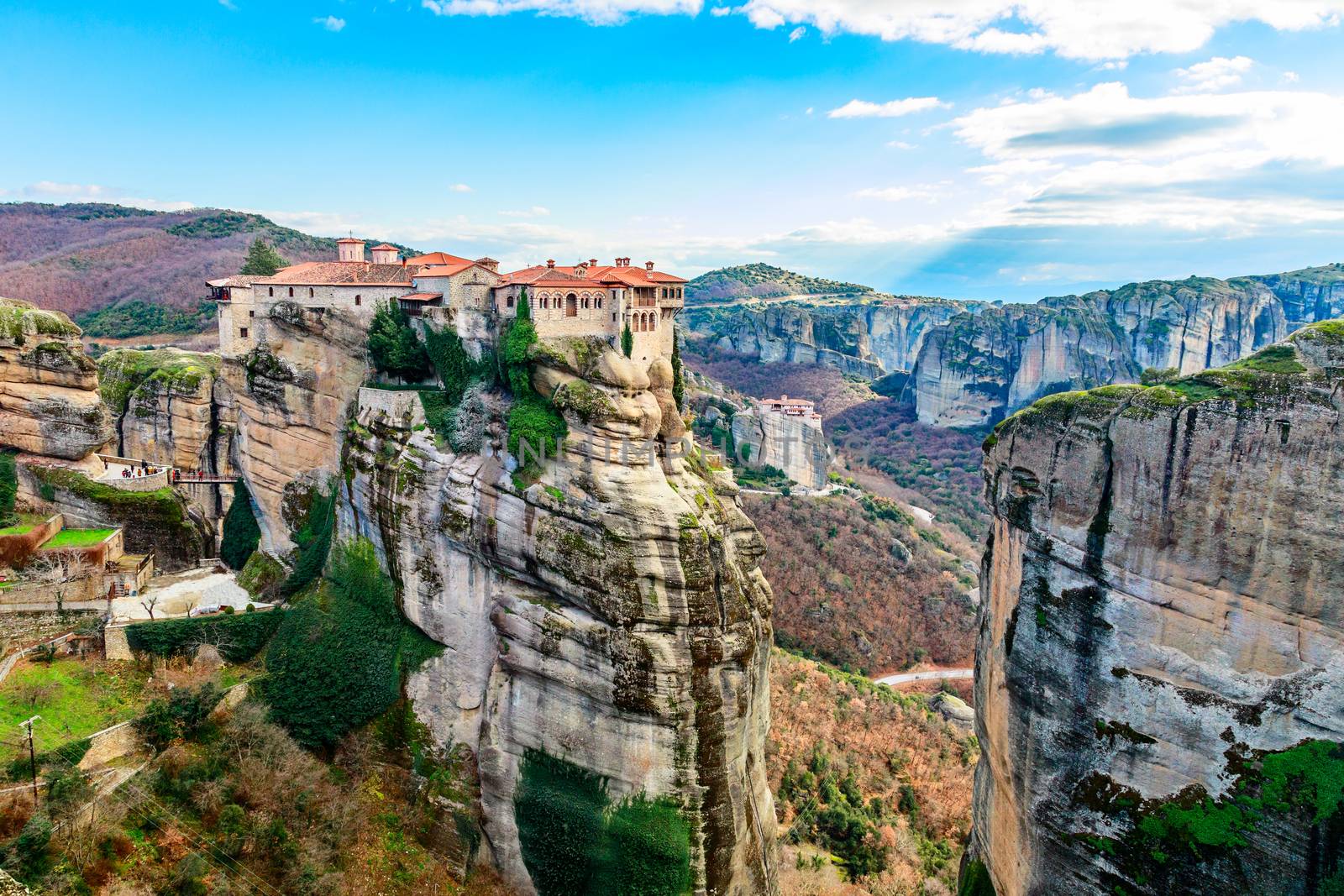 Varlaam monastery built on the huge steep rock and Roussanou women Monastery below in the background panorama, Kalabaka, Meteors, Trikala, Thessaly, Greece