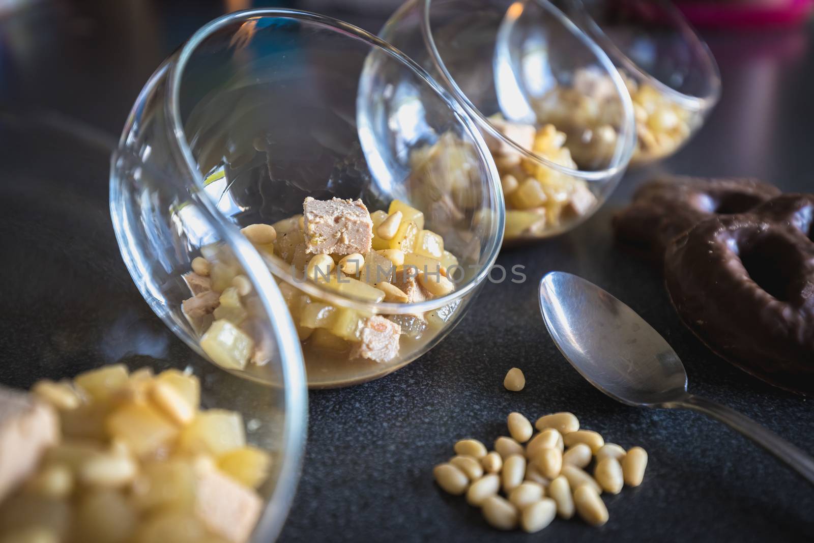 Verrine of pear foie gras and pine nuts in French cuisine