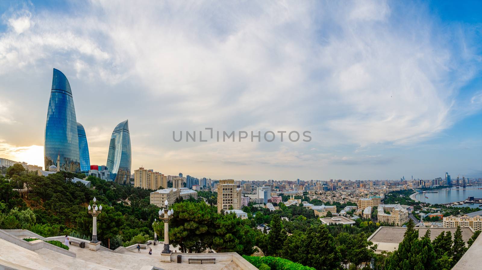 Overview panorama of central city business district in the sunset, Baku, Azerbaijan