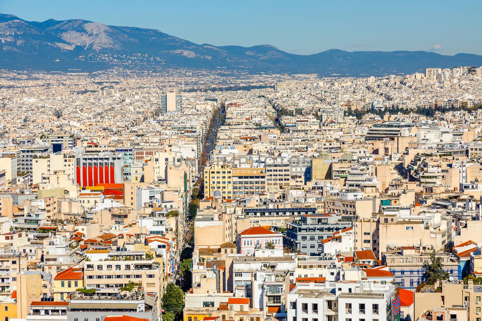 Central district of modern Athens city divided by wide avenue, Attica, Greece