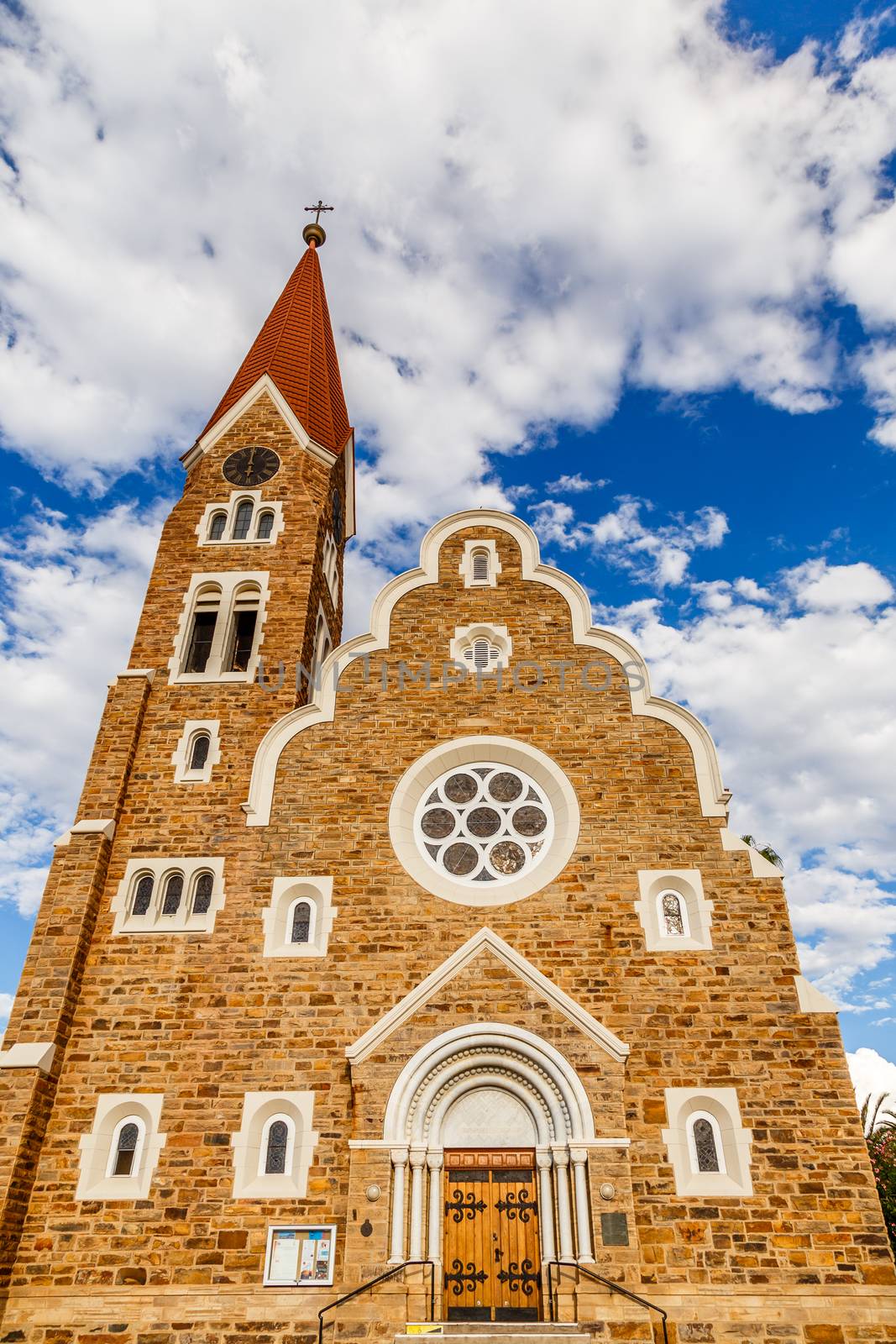 Luteran Christ Church facade with blue sky and clouds in background, Windhoek, Namibia