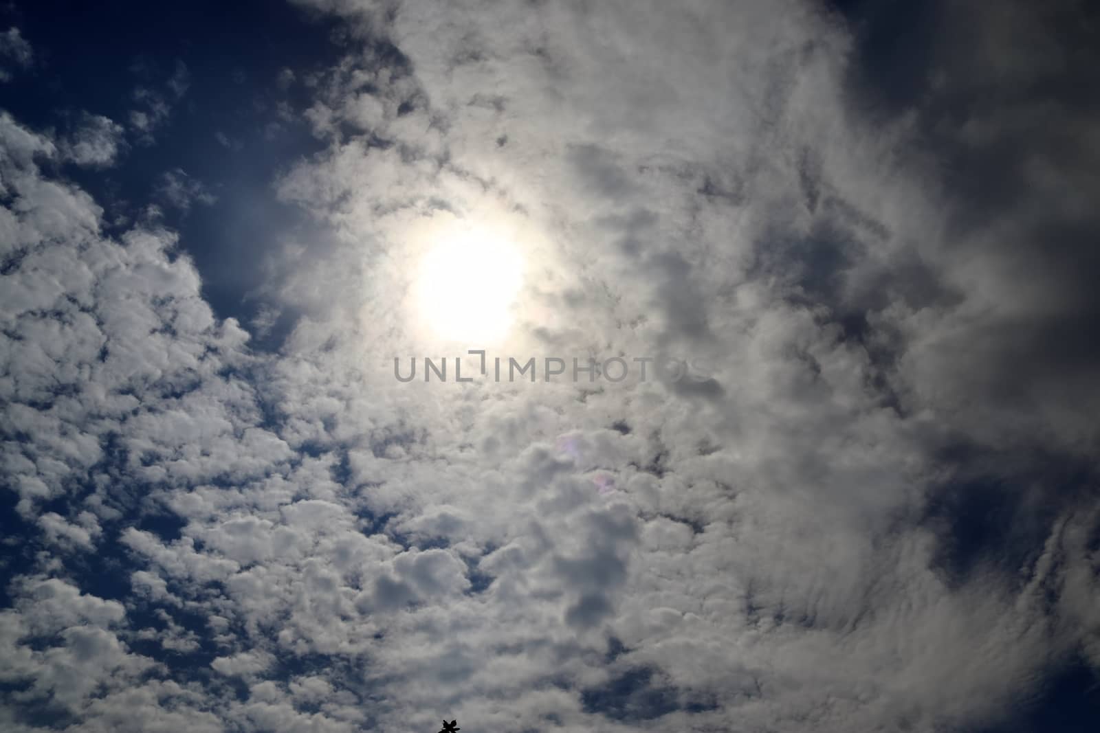 Beautiful view at bright sunbeams with some lens flares and clouds in a blue sky