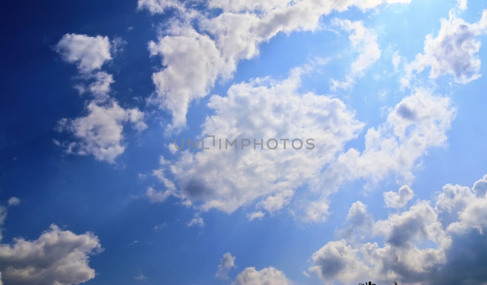 Beautiful view at bright sunbeams with some lens flares and clouds in a blue sky