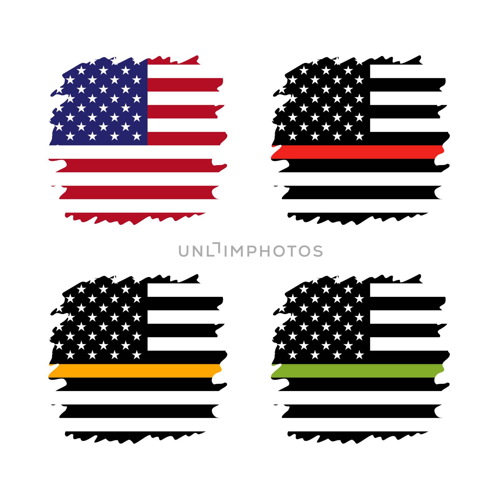 Vector American Thin Line Flag Set - gold, blue, red, green. a sign to honor and respect American Dispatchers, Security Guards, Loss Prevention, police.