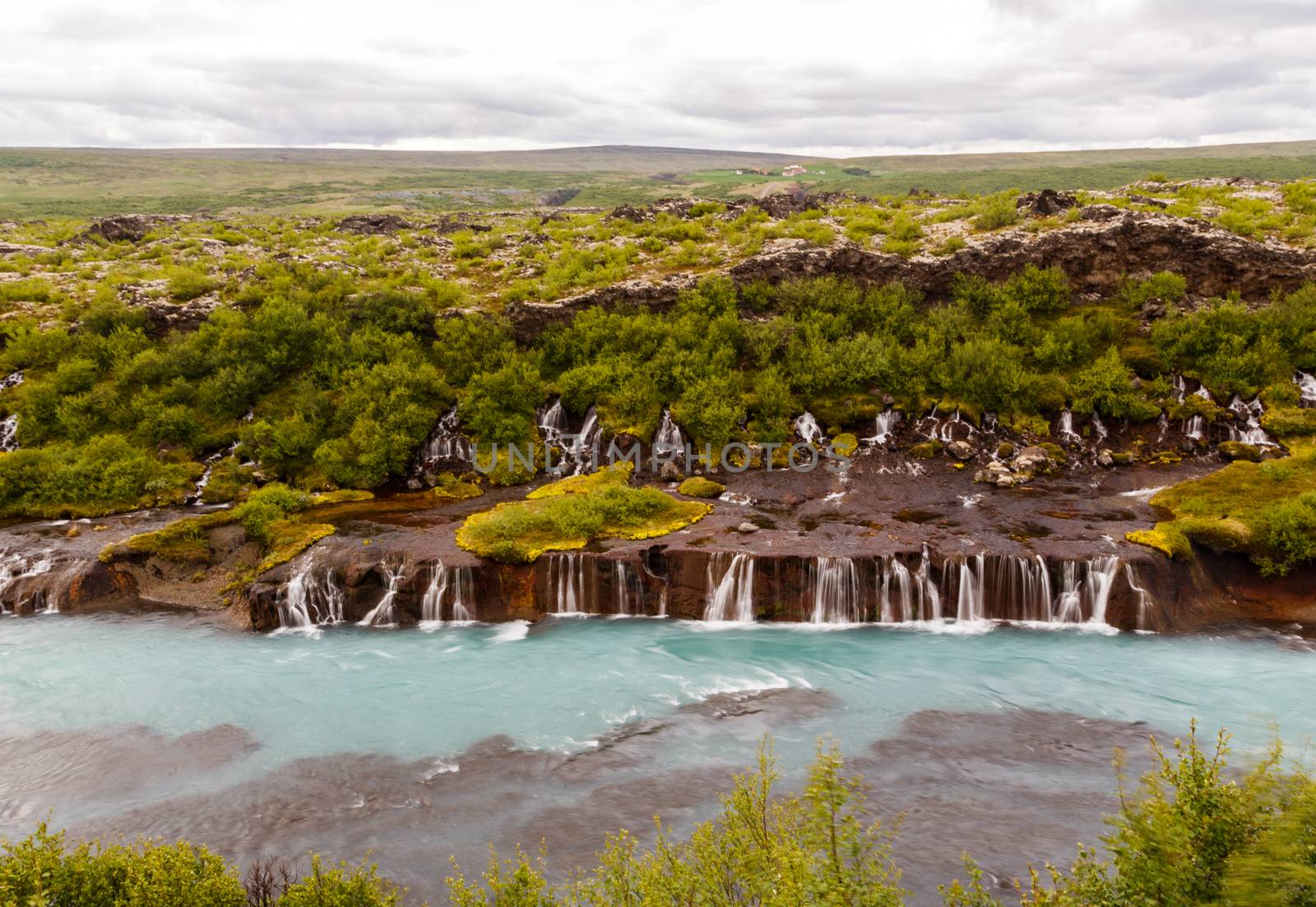 Hraunfossar waterfall streams falling into Hvita river, Husafell by ambeon