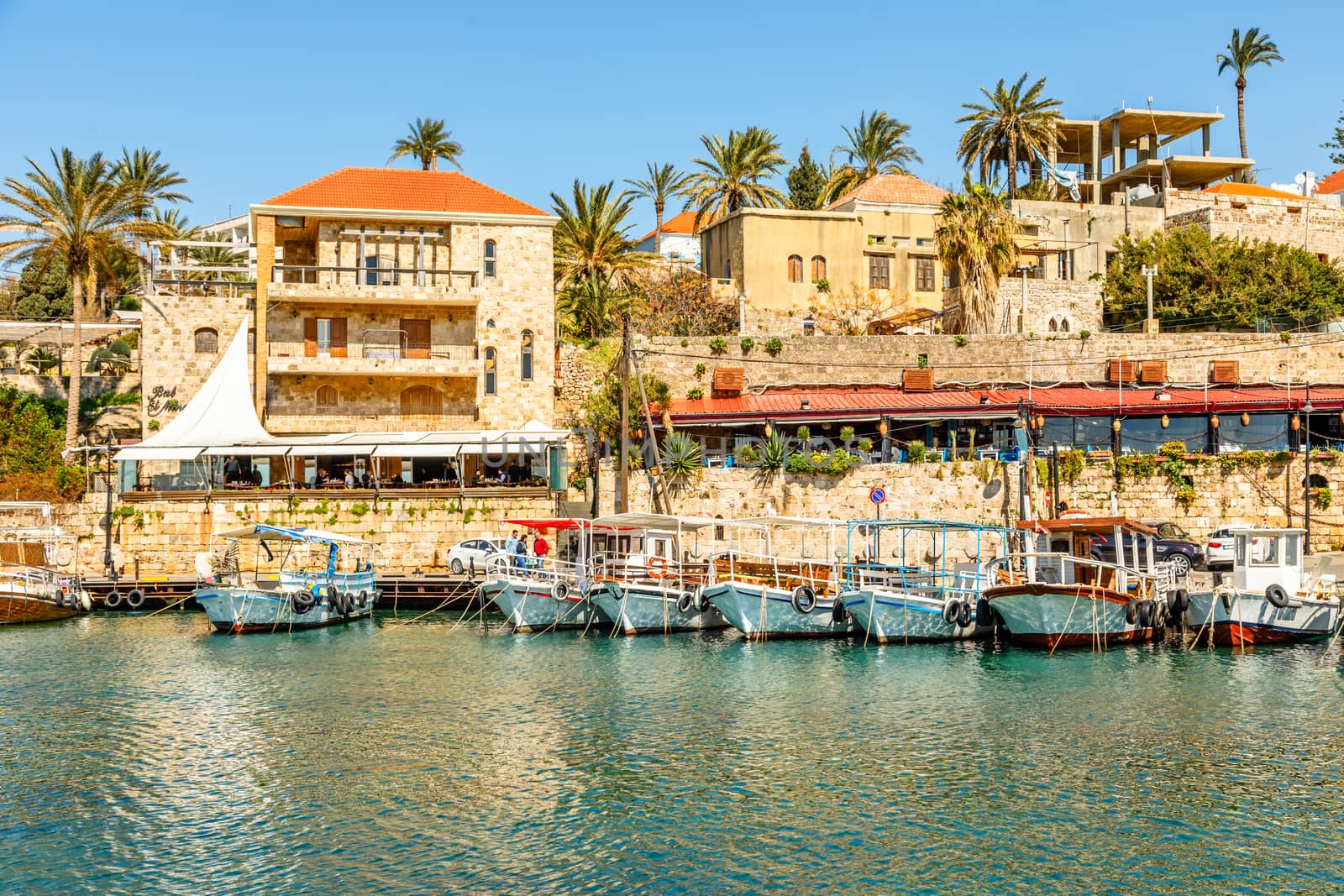 Mediterranean port lagoon with anchored fishing boats, Biblos, Lebanon