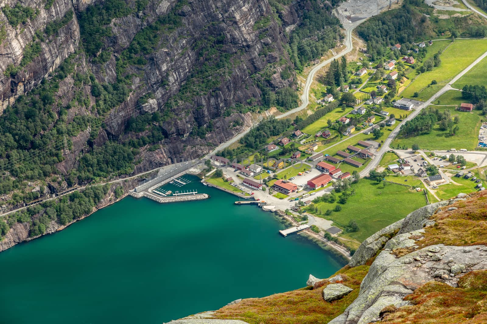 View from the Kjerag trail to Lyseboth small norwegian town loca by ambeon