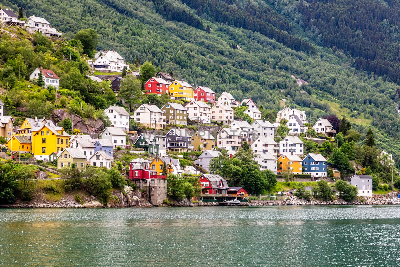 Colorful norwegian residential houses on the hill of Sorfjord, Odda, Hordaland county, Norway