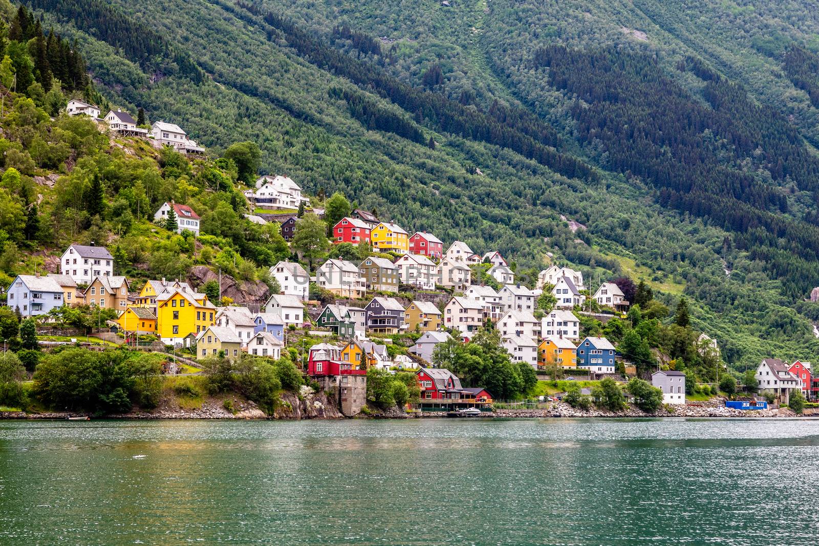 Colorful norwegian residential houses on the hill of Sorfjord, O by ambeon