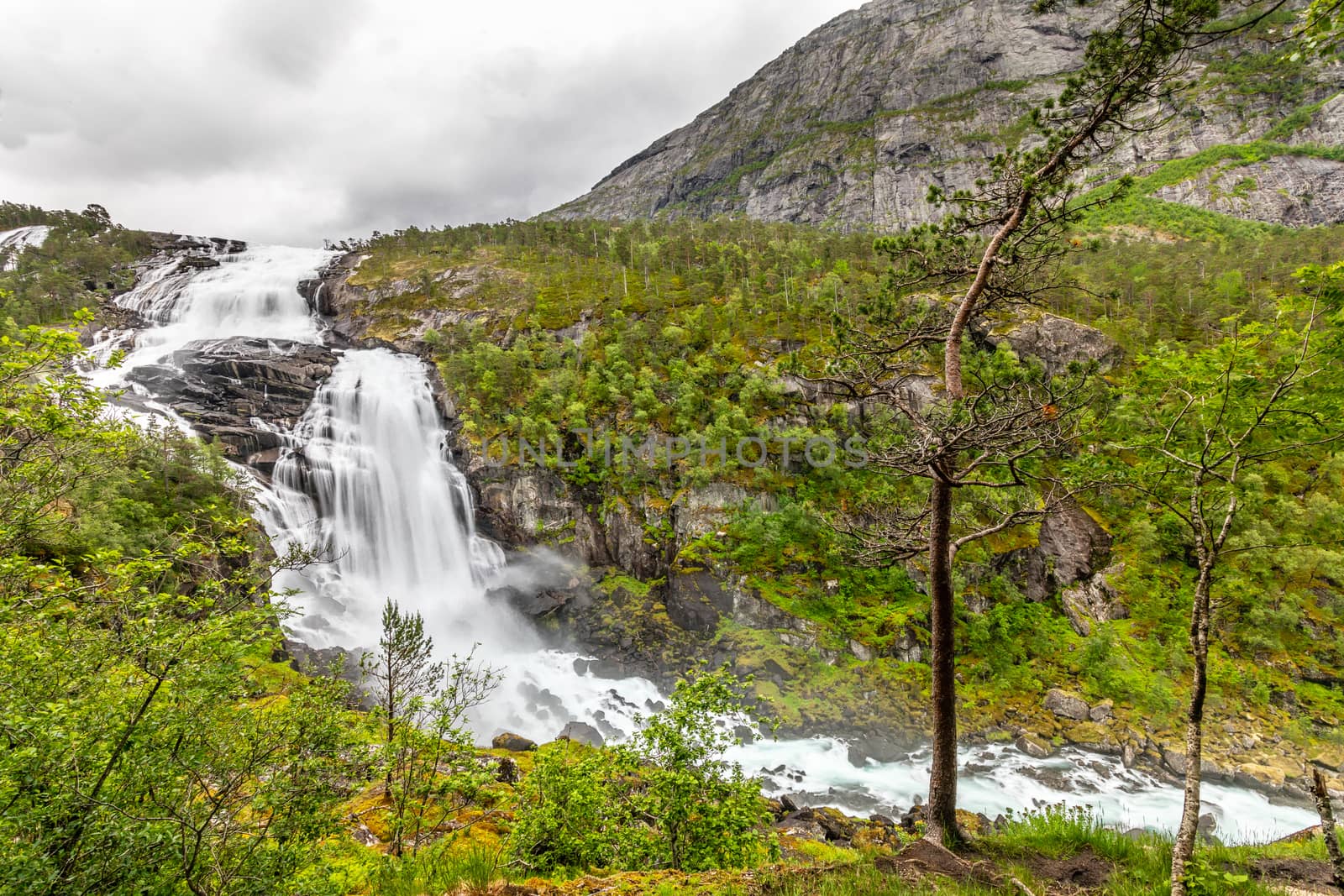 Nyastolfossen waterfall powerful streams in Husedalen valley, Ki by ambeon
