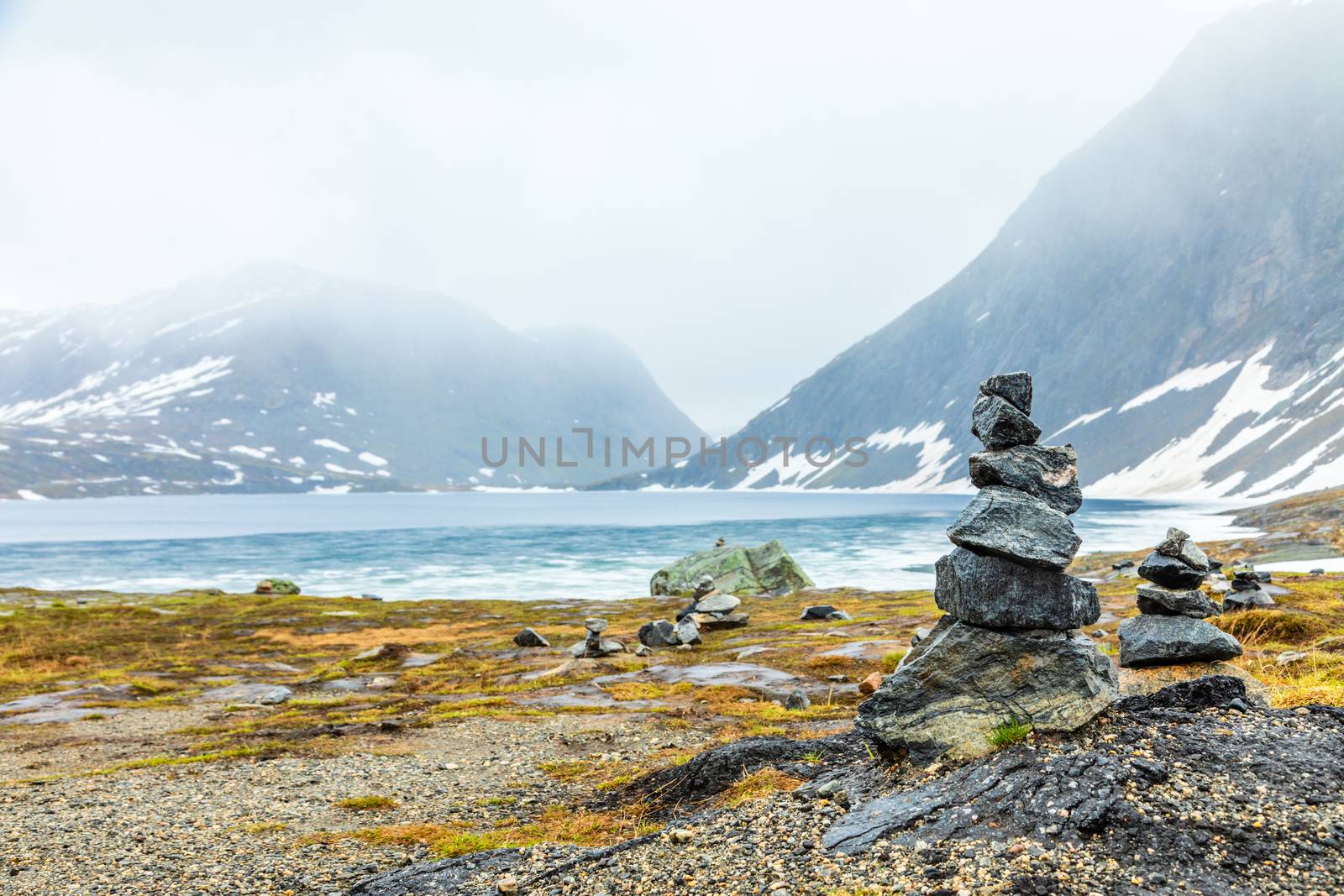Stone cairns at the Djupvatnet lake Geiranger, Sunnmore region, More og Romsdal county, Norway