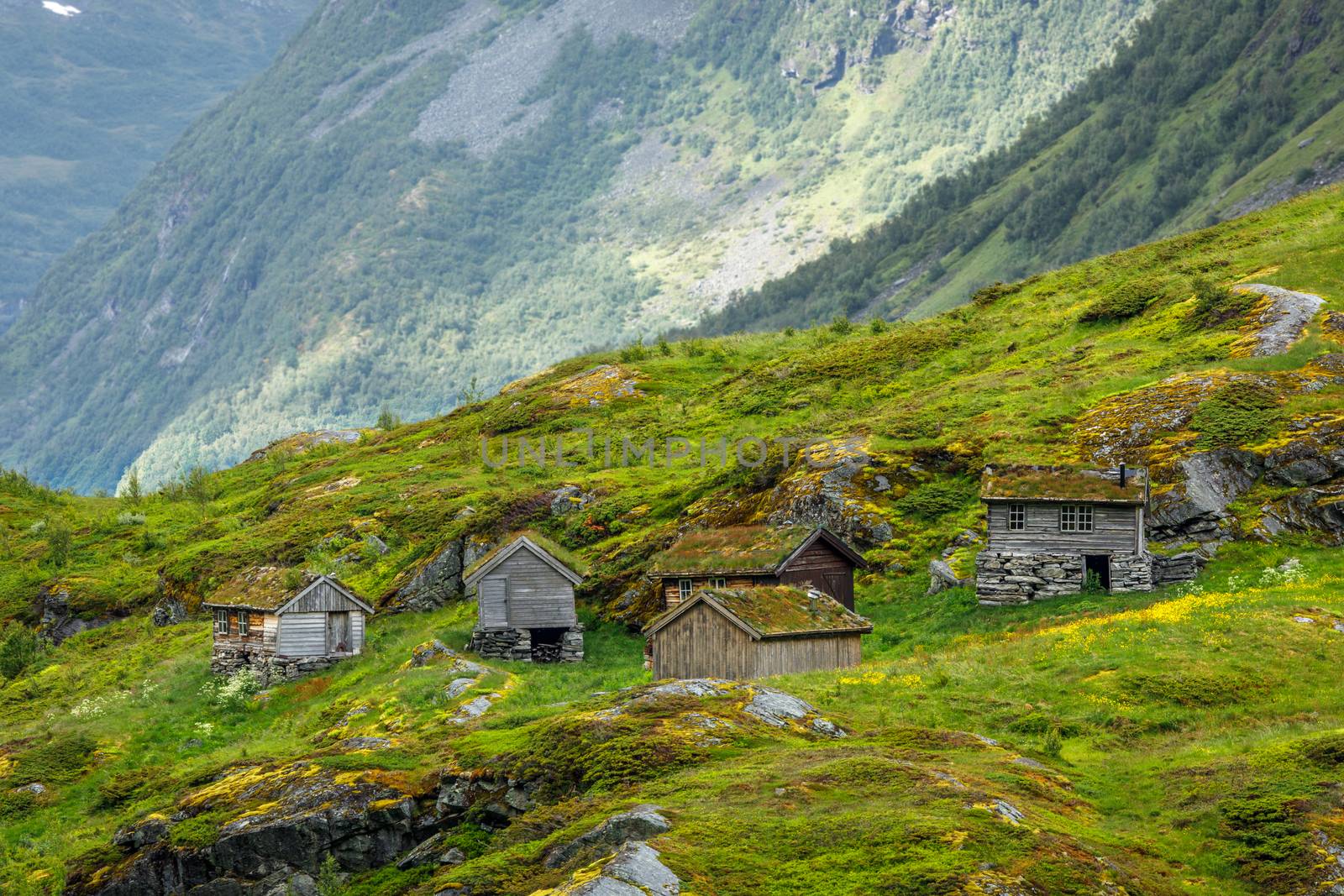 Norwegian mountain village with traditional turf roof houses, Geiranger, Sunnmore region, More og Romsdal county, Norway