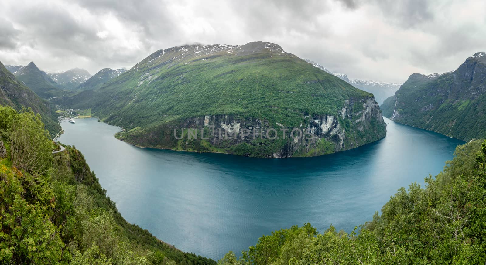 View from Ornevegen to Geiranger fjord, Geiranger, Sunnmore,  Ro by ambeon