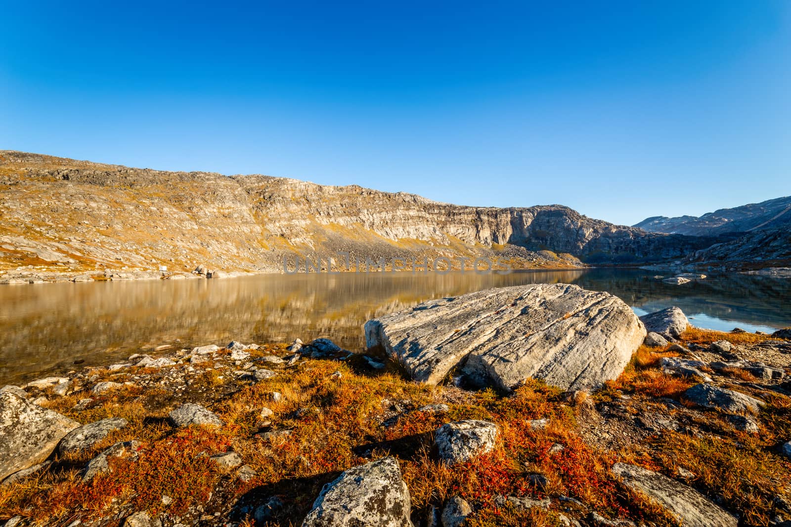 Orange autumn greenlandic  tundra landscape with big stone and lake in the background, Nuuk, Greenland