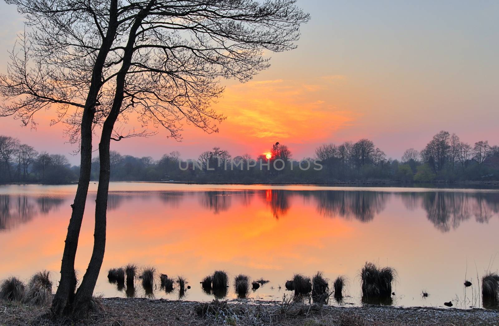 Beautiful and romantic sunset at a lake in stunning yellow and orange colors