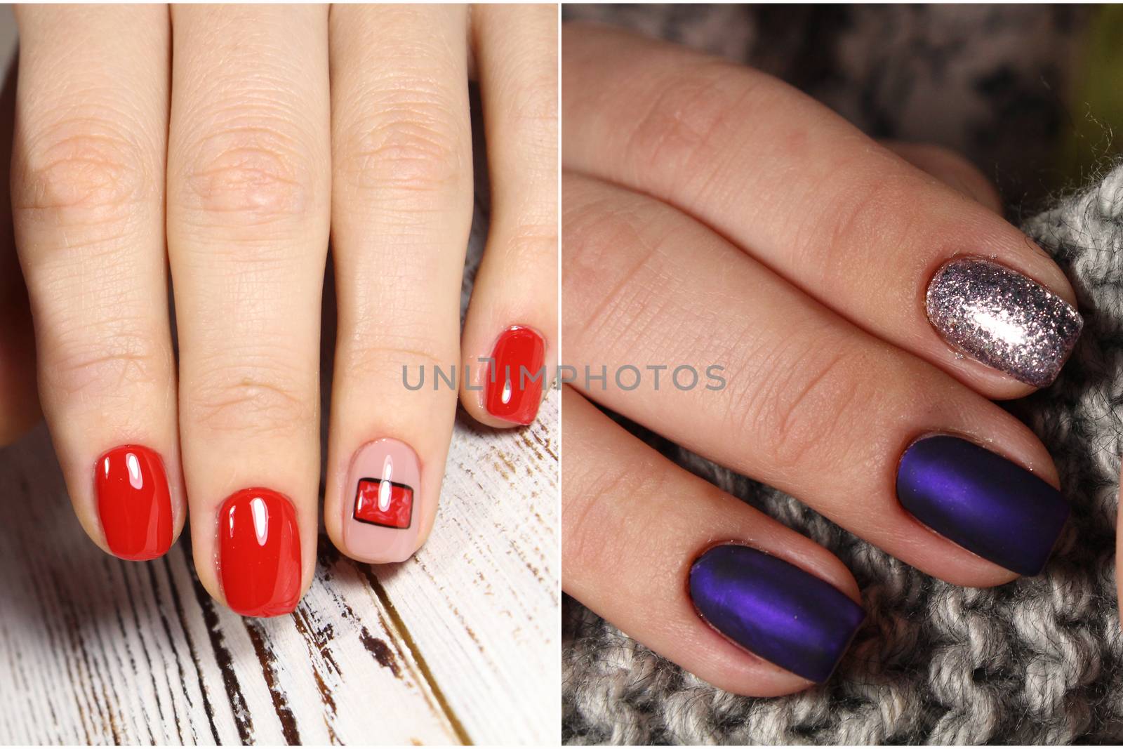 Collection of trendy colorful various manicure with design on nails with glitter.