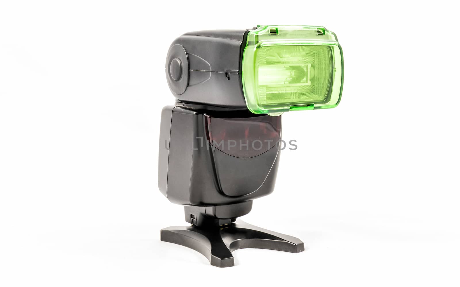 Oblique view of a black unbranded external flash unit for DSLR camera with cooling diffuser applied