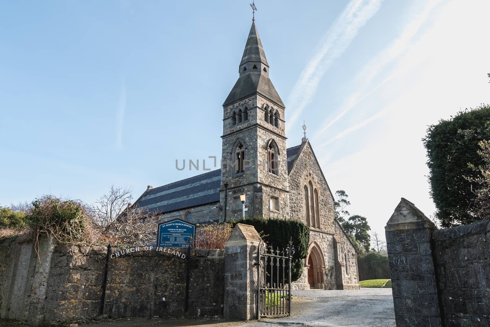 Howth near Dublin, Ireland - February 15, 2019: architectural detail of St. Mary s Anglican Church near the city center on a winter day