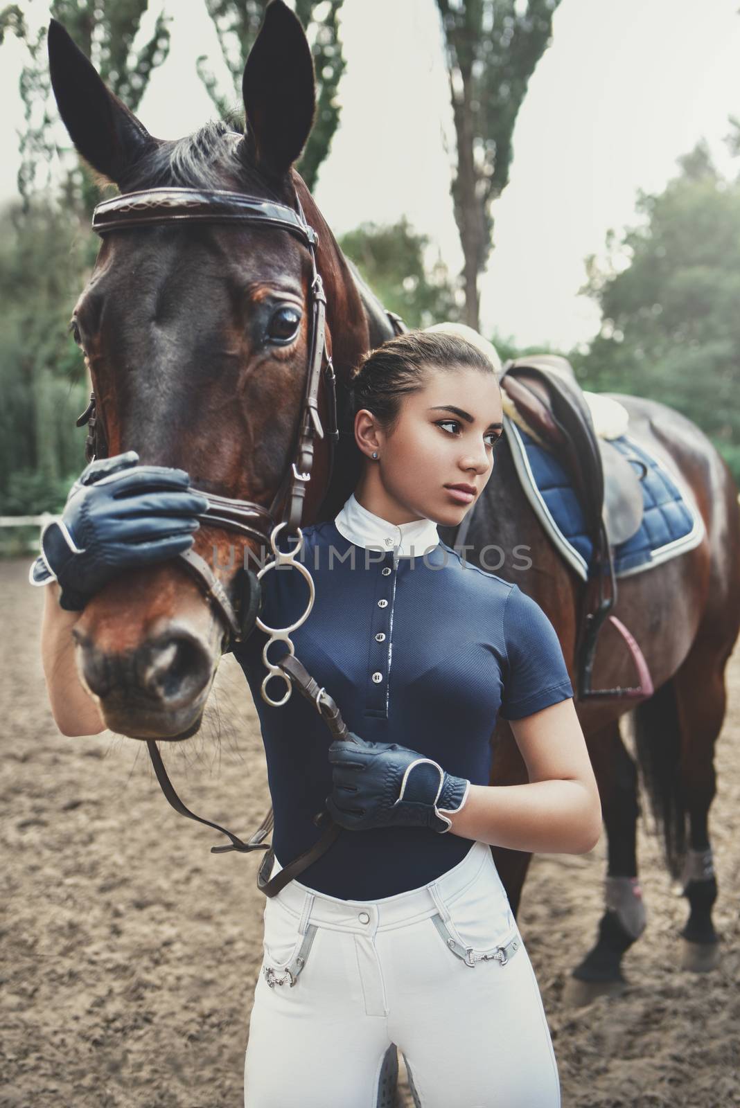 Posing for the camera. Happy woman with her horse on the ranch at daytime.