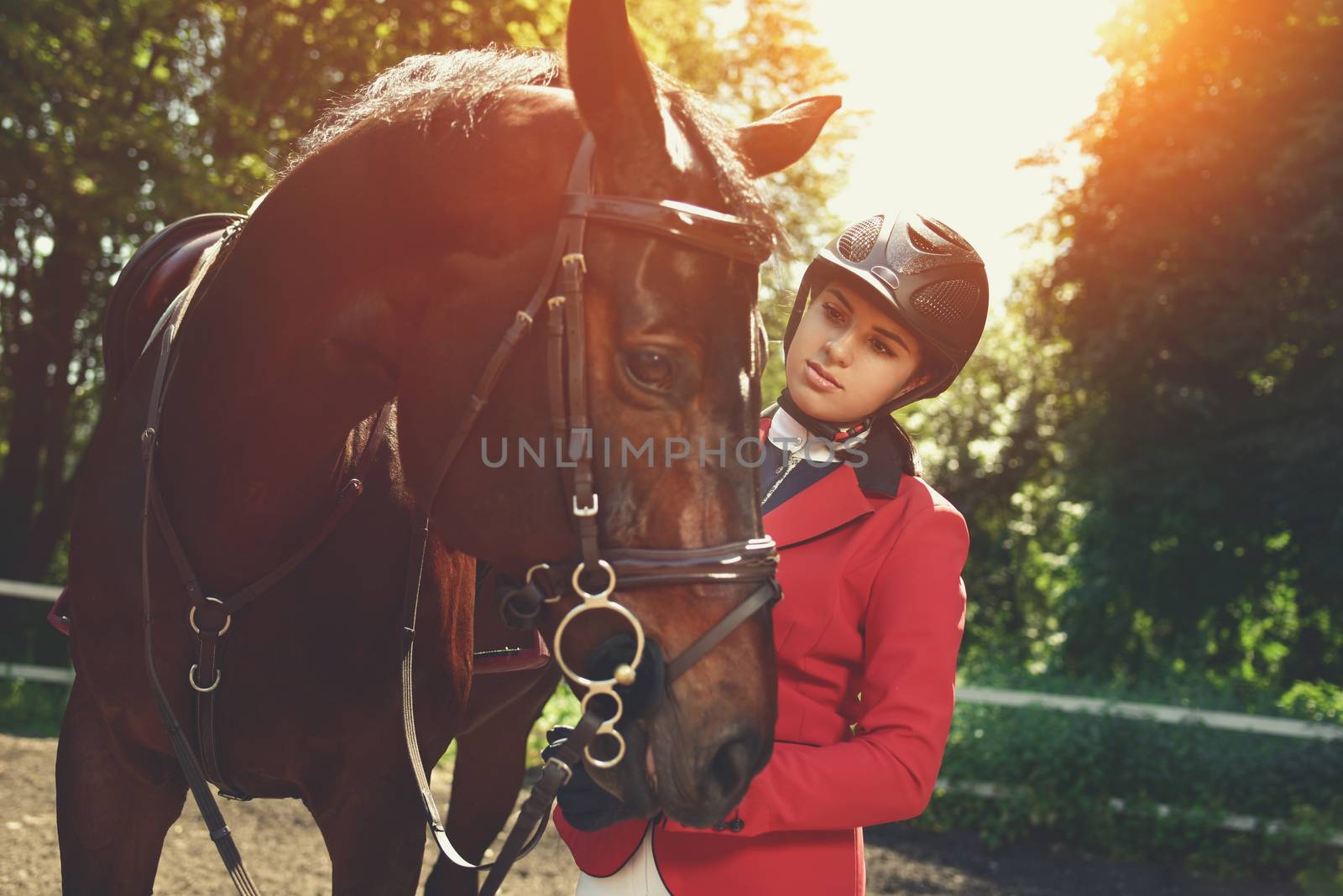 A young girl talking and takes care of her horse. She loves the animals and joyfully spends her time in their environment.