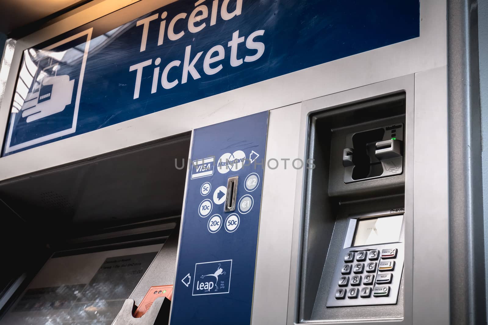 Dublin, Ireland - February 15, 2019: Automatic ticket purchase machine in Connolly DART train station (Staisiun ui Chonghaile) on a winter day