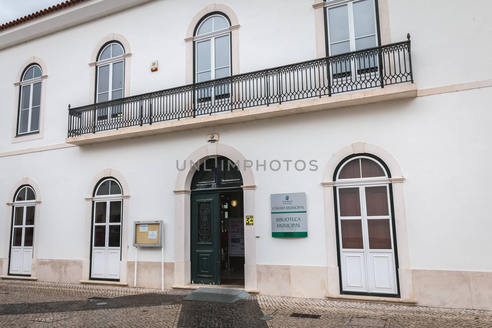 Alcobaca, Portugal - April 13, 2019: architectural detail of the city center municipal library on a spring day