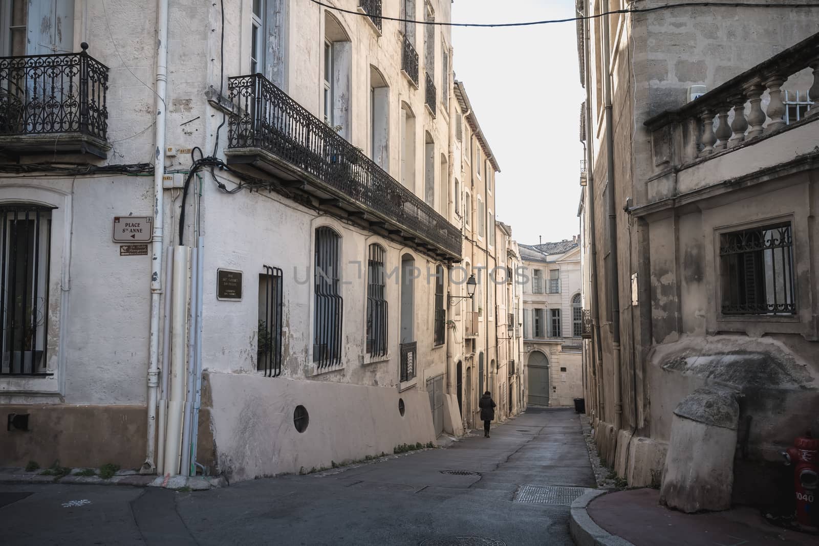 Montpellier, France - January 2, 2019: Typical architectural detail of buildings in the streets of the historic city center on a winter day