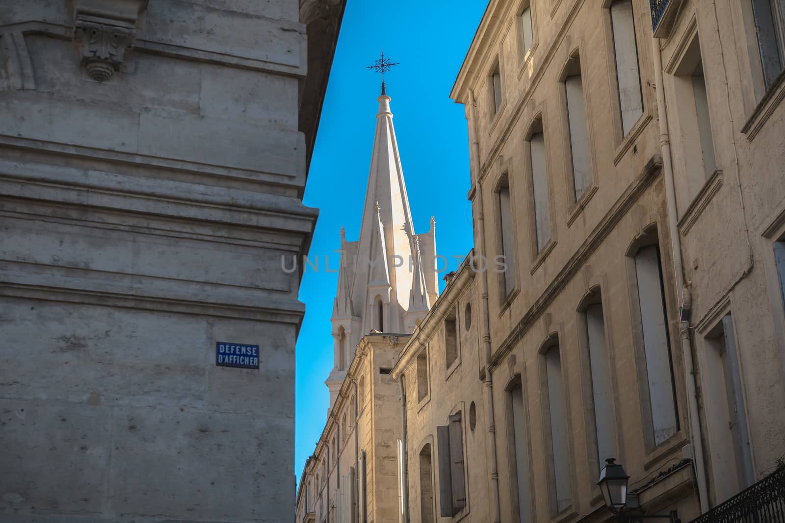 Montpellier, France - January 2, 2019: Typical architectural detail of buildings in the streets of the historic city center on a winter day