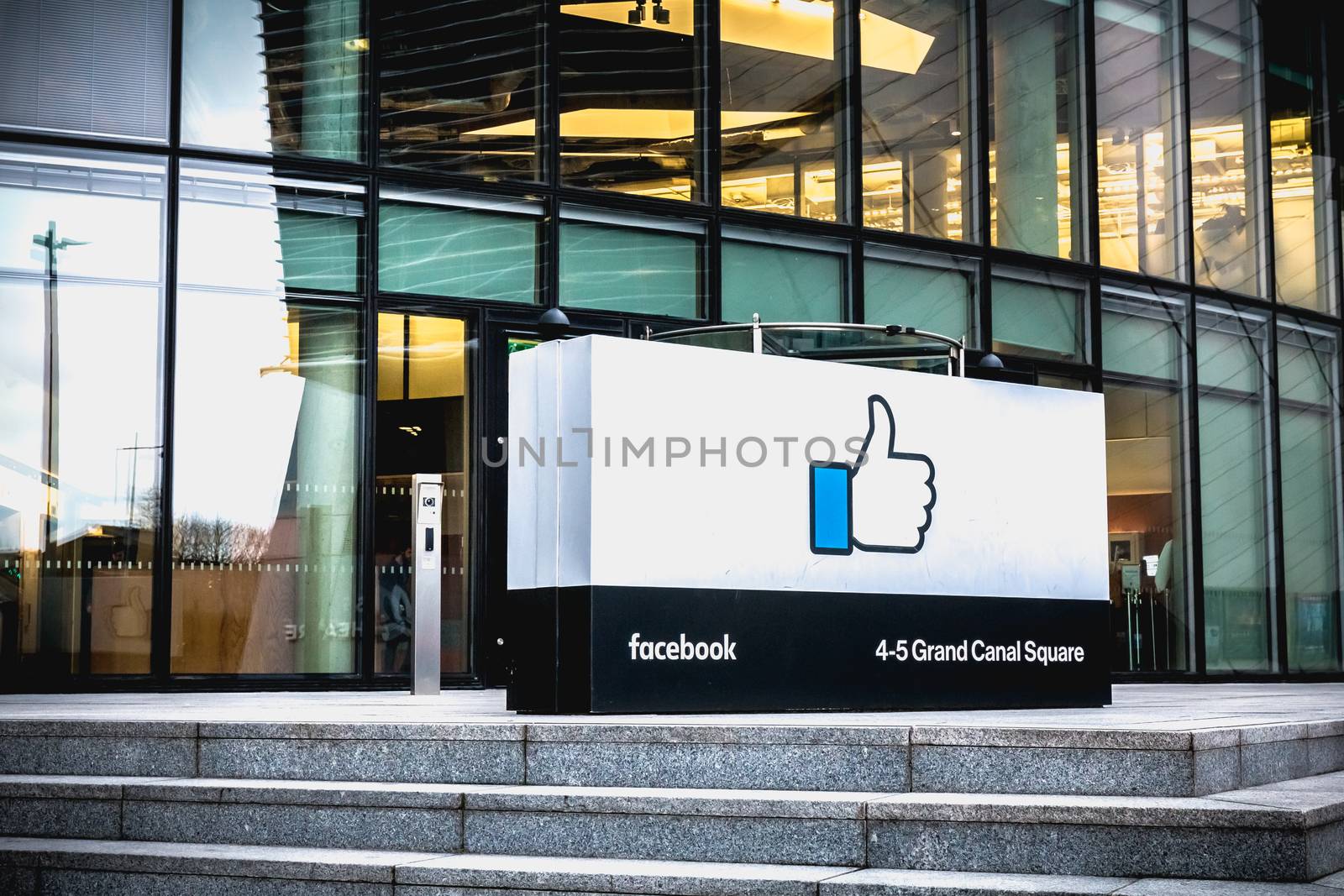 Dublin, Ireland - February 12, 2019:  front of the Irish social seat of the international social network Facebook on a winter day