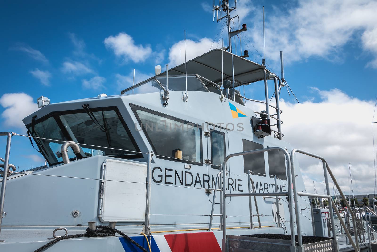 les Sables d Olonne, France - July 24, 2016: detail of the wheelhouse of a star of the French Gendarmerie Maritime (maritime police) on a summer day