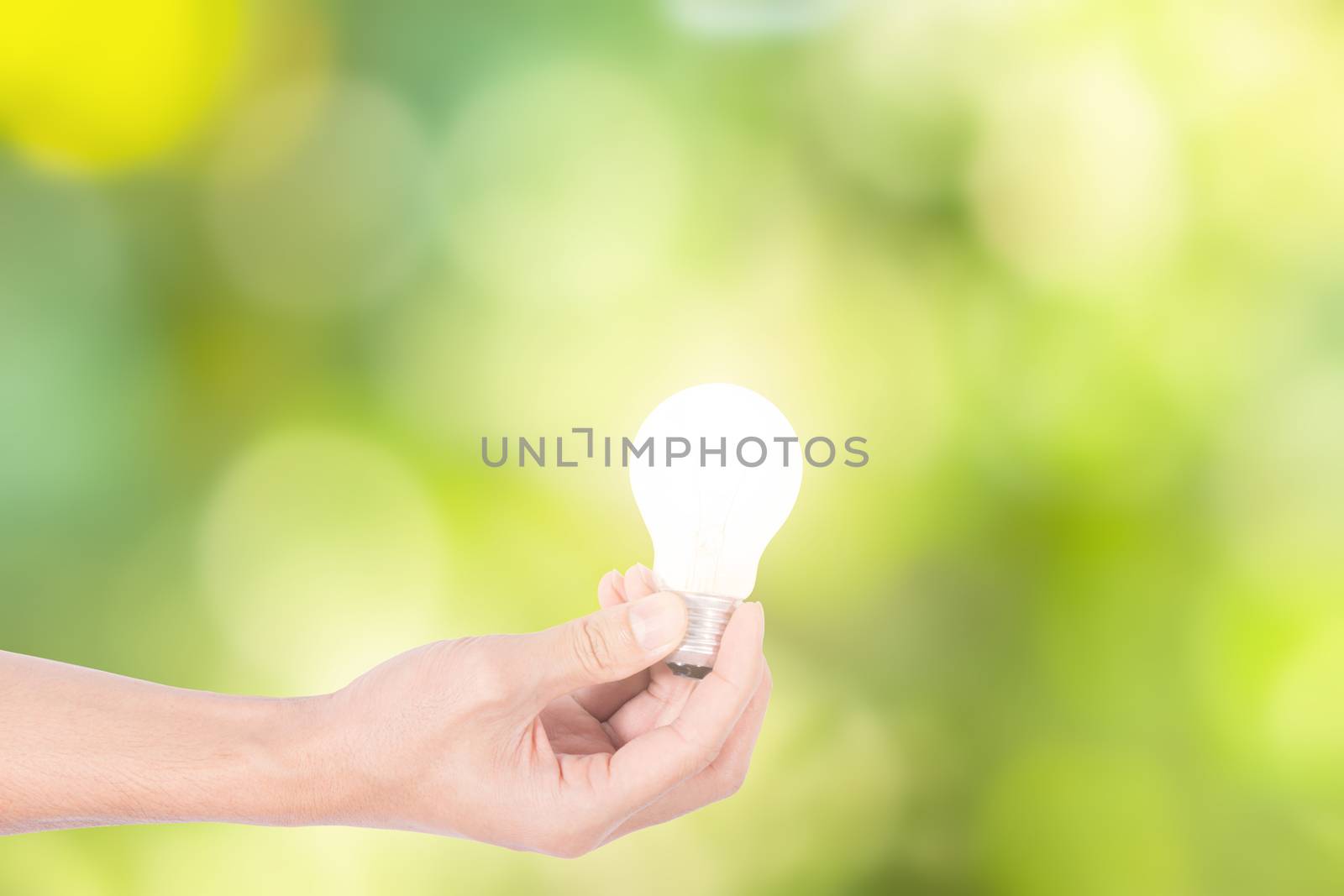Human hand concept, saving energy from light bulbs, natural bokeh background
