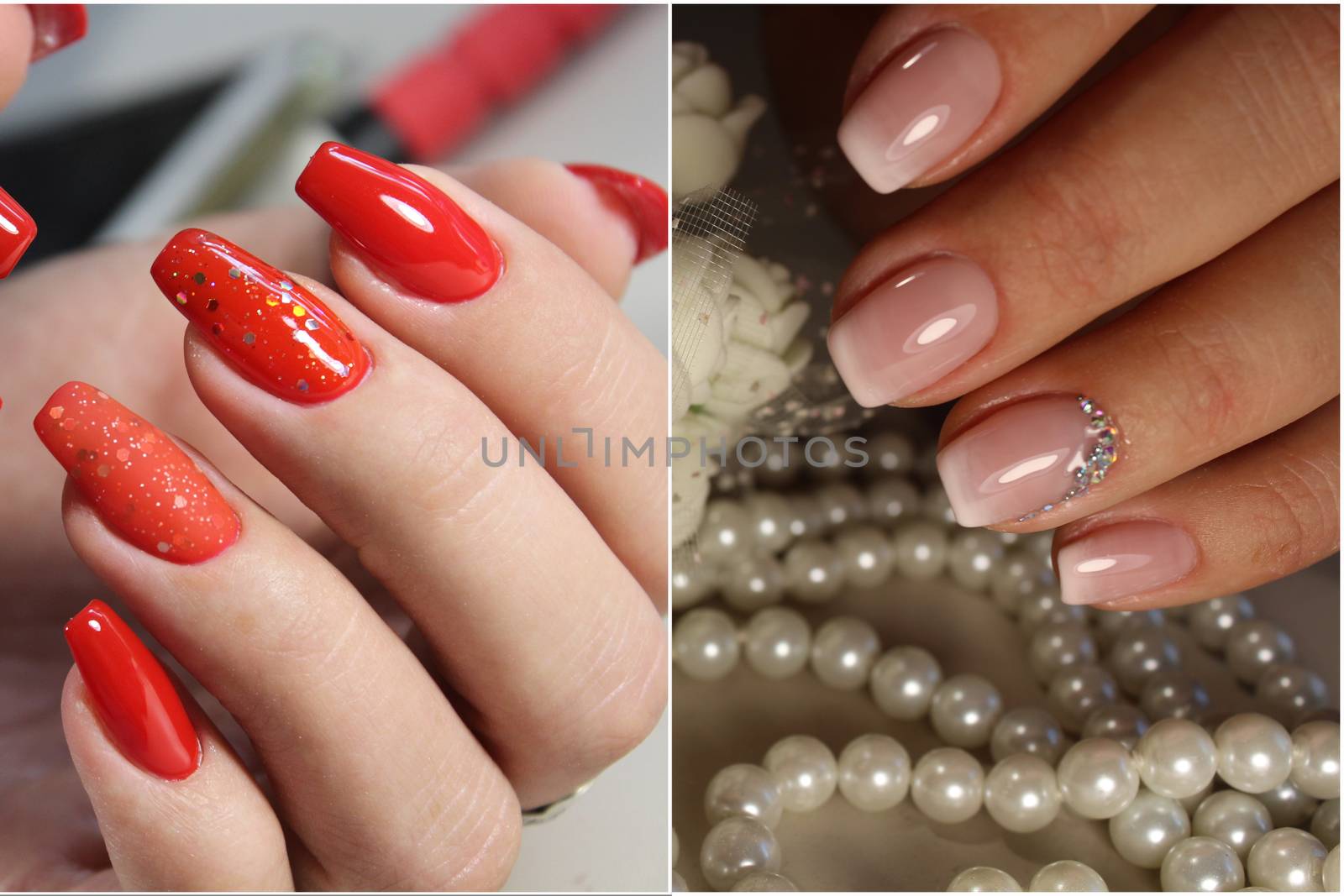 A diverse range of nail design.Solid color manicure with bright nail polishes.Collage by nail art.