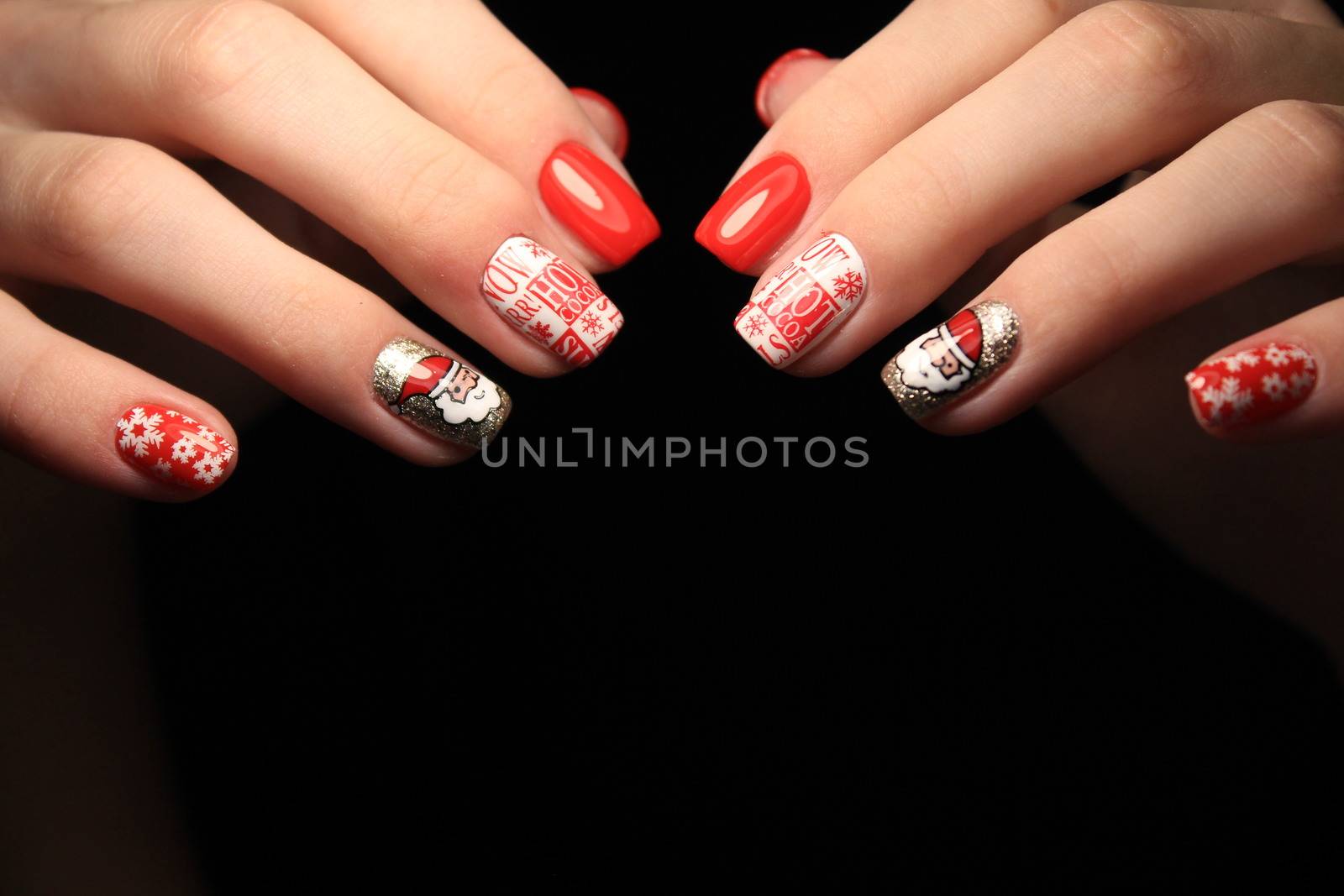 Colorful Christmas nails winter nail designs with glitter,rhinestones, on short and long female nails.