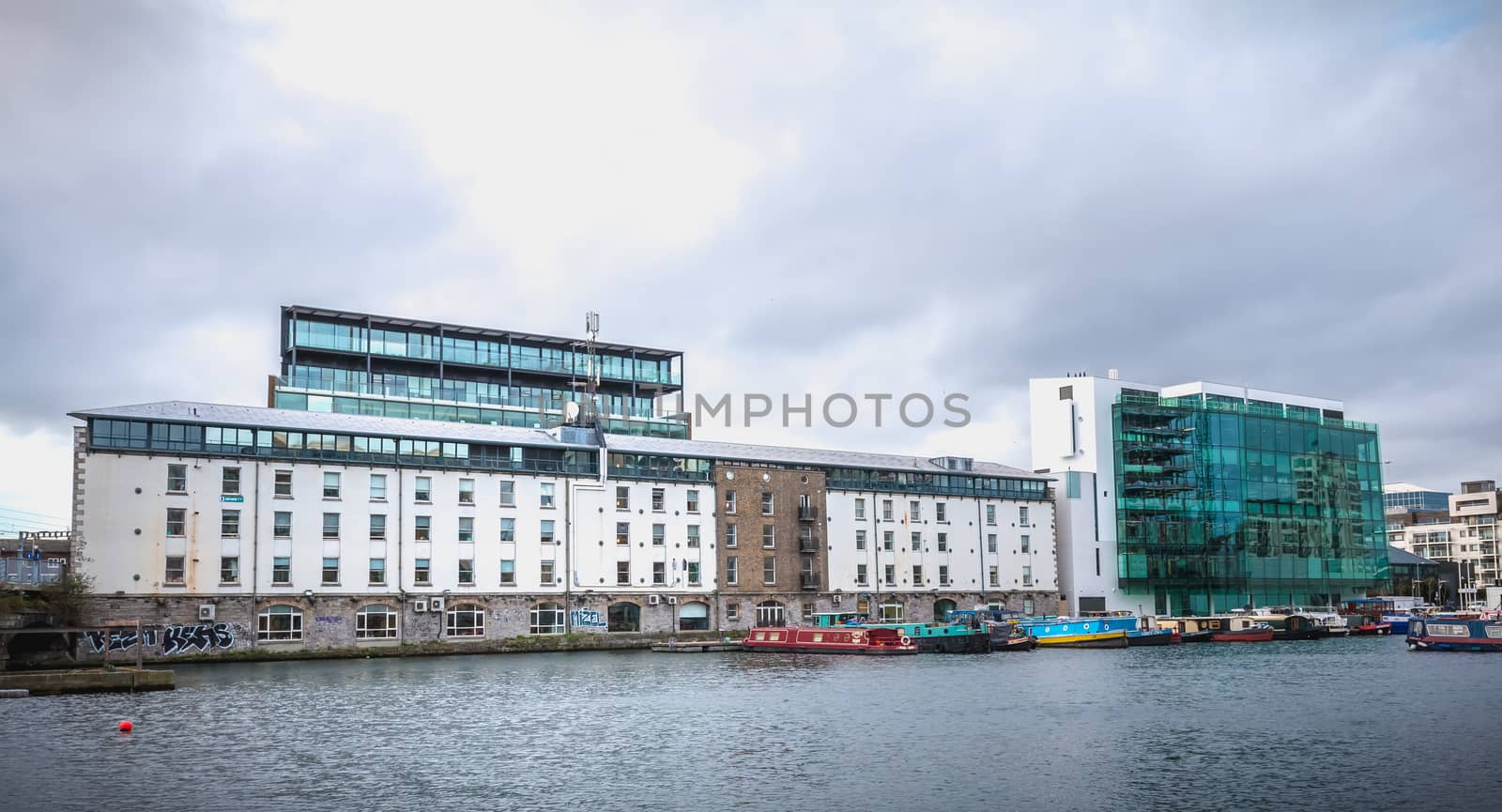 Dublin, Ireland - February 12, 2019: View of the Docklands district with its recent buildings forming part of the International Financial Services Center (IFSC) on a winter day