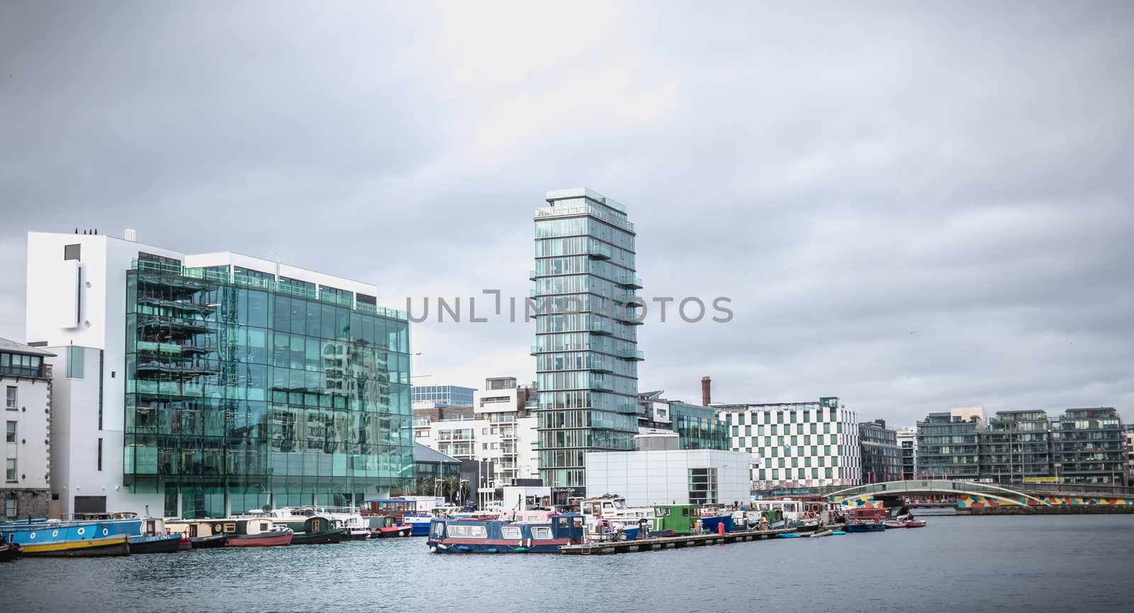 Dublin, Ireland - February 12, 2019: View of the Docklands district with its recent buildings forming part of the International Financial Services Center (IFSC) on a winter day