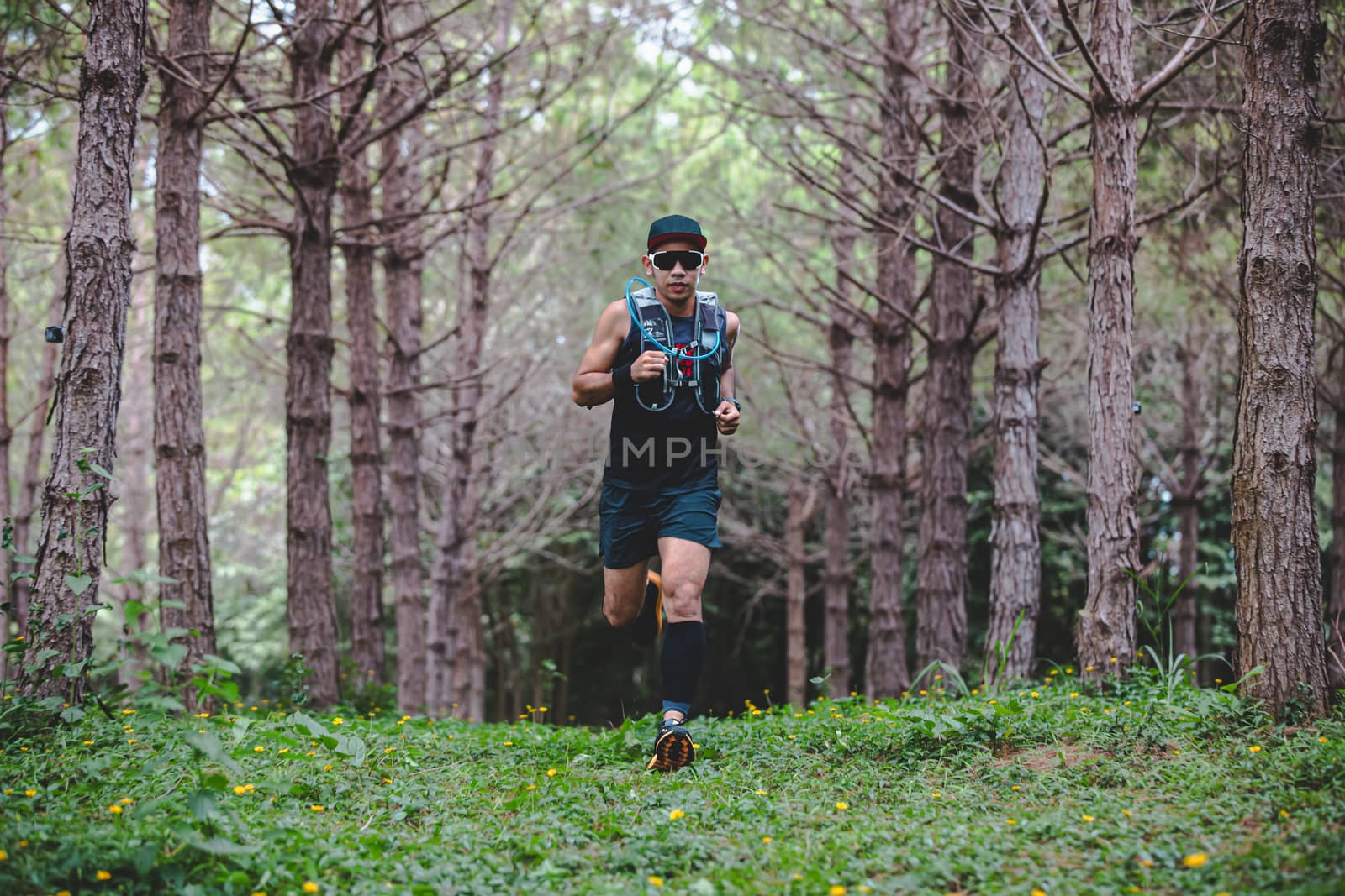 A man Runner of Trail and athlete's feet wearing sports shoes for trail running in the forest