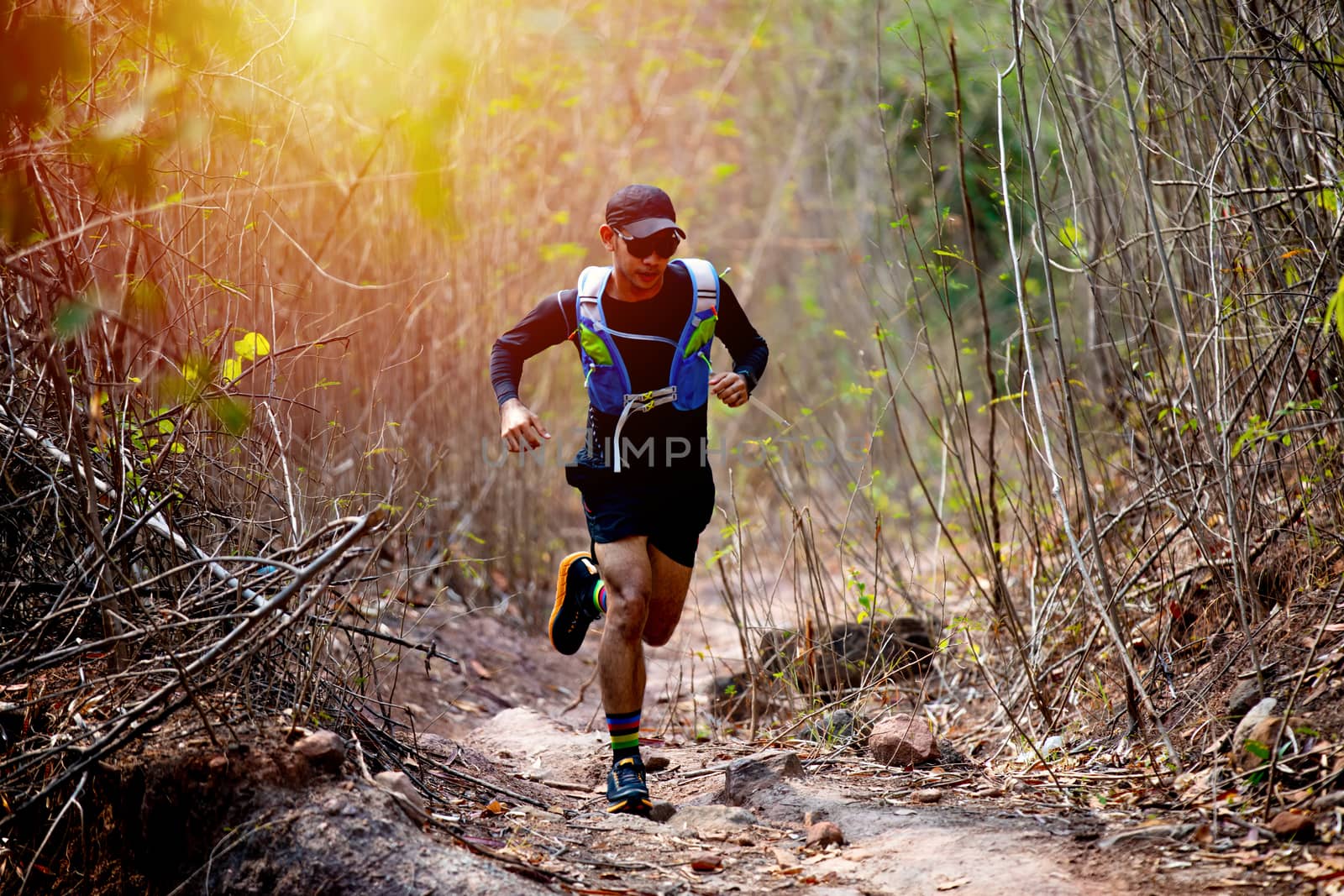 A man Runner of Trail and athlete's feet wearing sports shoes for trail running in the forest