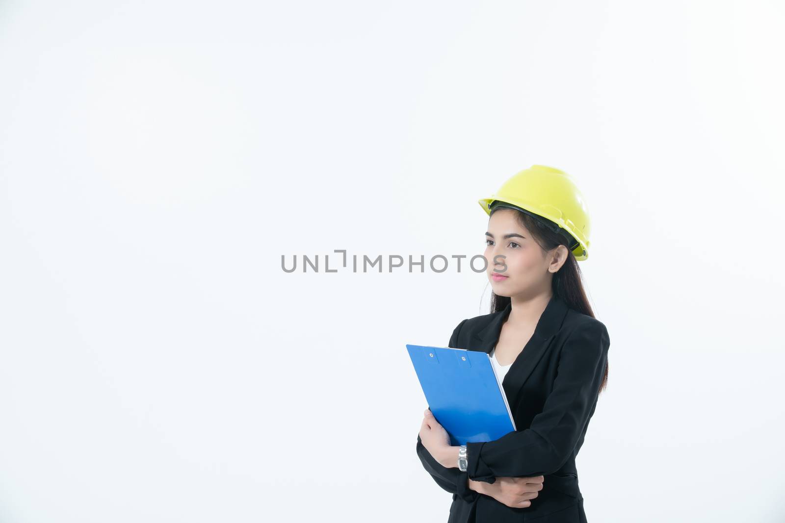 Asian women engineering inspecting and working and holding blueprints and clipboard checking isolated on white background