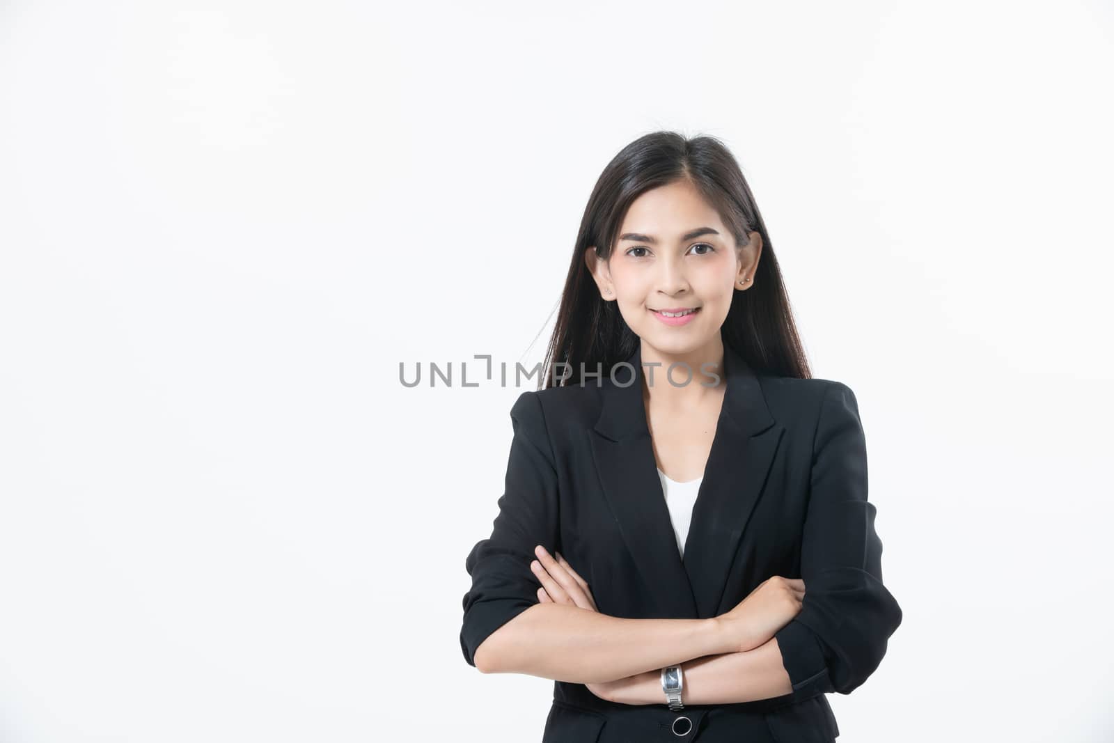 Asian business women are smiling and working happy on white background