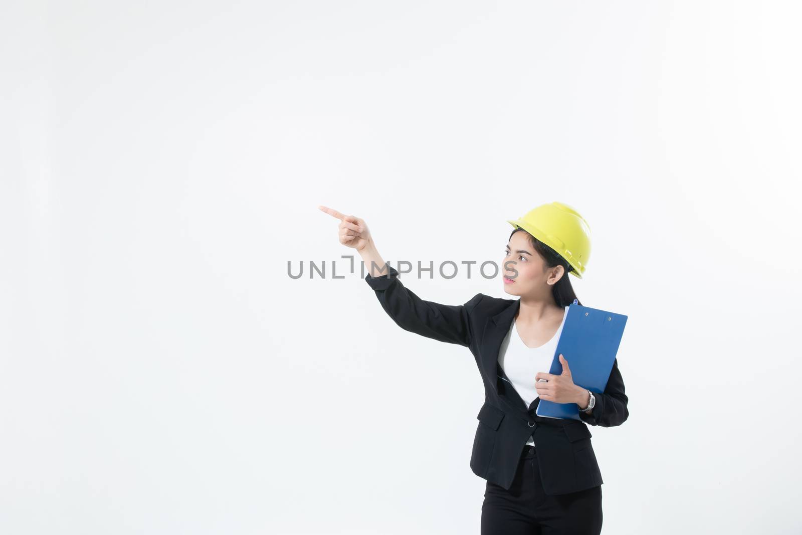 Asian women engineering inspecting and working and holding blueprints and clipboard checking isolated on white background